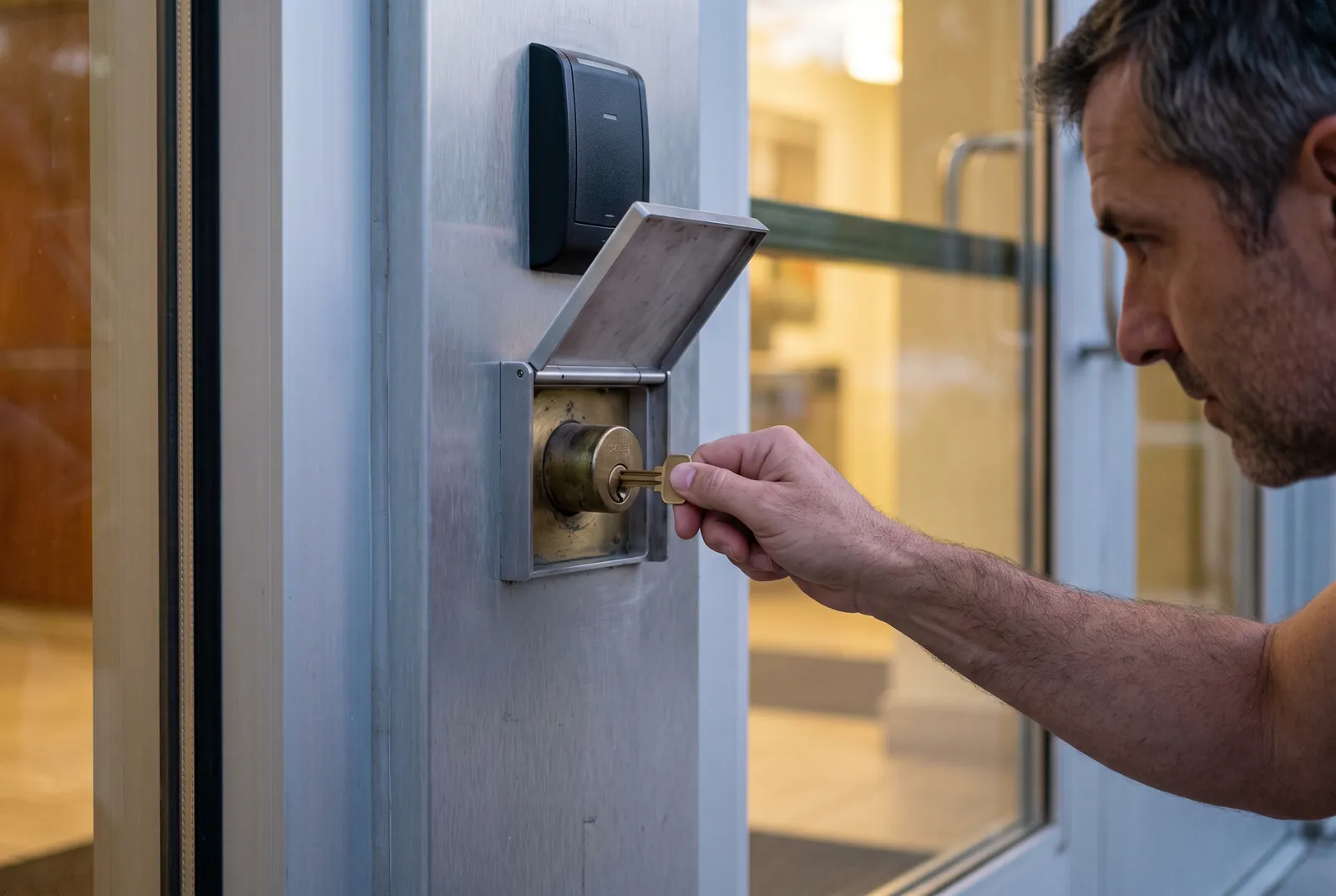 A hand turning a plain brass key in the mechanical cylinder revealed under the open cover of an entry panel, the electronic reader above it dark